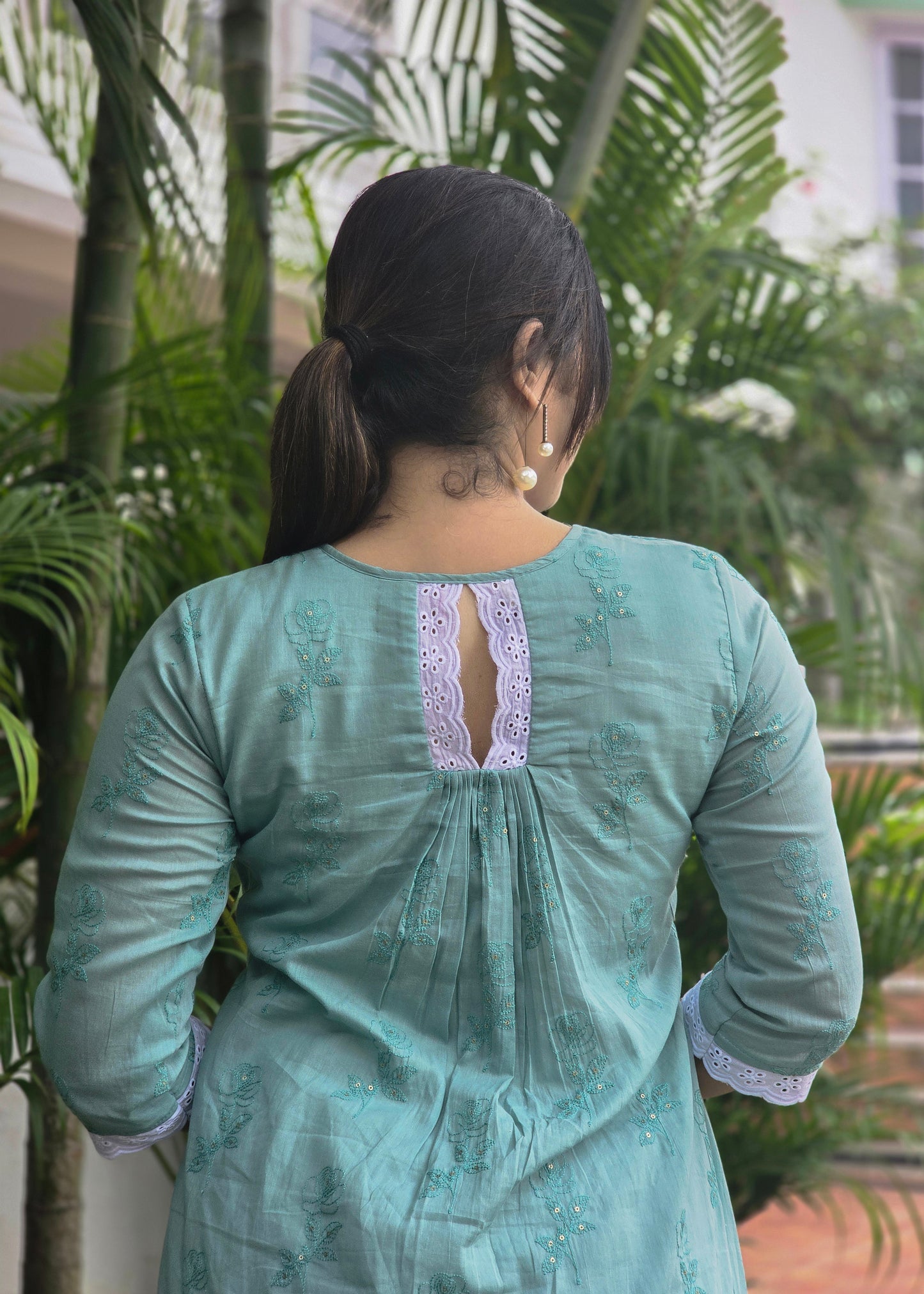 Seafoam shaded mul cotton Aline dress/kurti with self threaded floral embroidery MBS-667 **ready to dispatch**