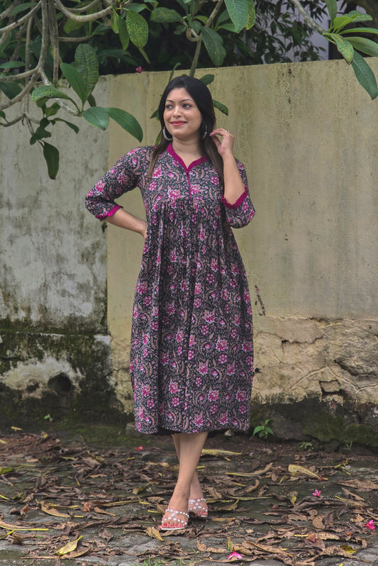Green printed soft cotton kurti/dress with frilled neck and sleeves MBS-662 ** ready to dispatch**