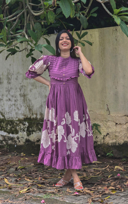 Tropical printed cotton frock or dress with pleats and frills with crepe lining in mauve shade MBS-671 **ready to dispatch**