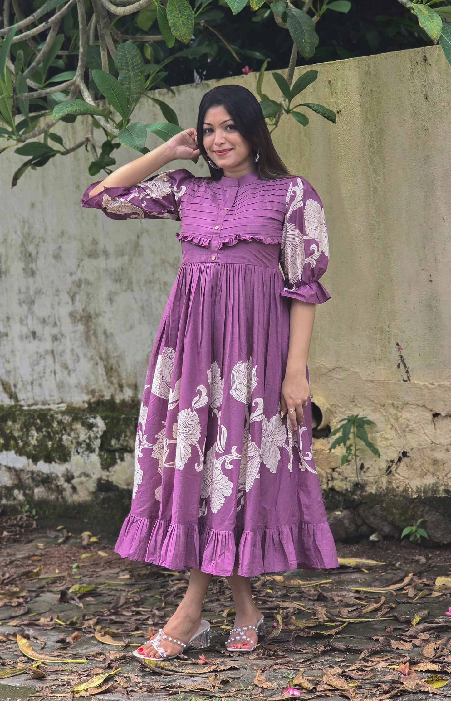 Tropical printed cotton frock or dress with pleats and frills with crepe lining in mauve shade MBS-671 **ready to dispatch**