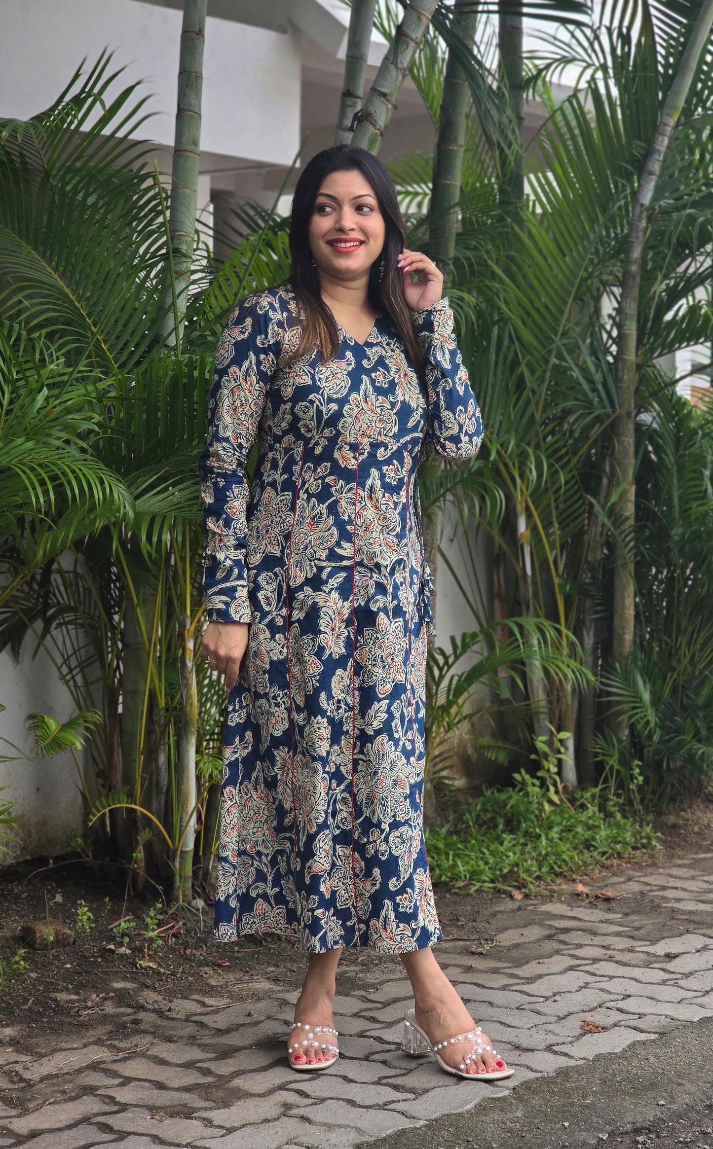 Floral printed panel cut Aline kurti with overlapped yoke in blue shade MBS-665 **ready to dispatch**