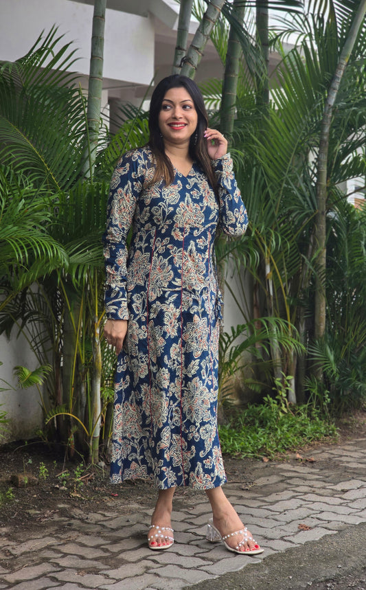 Floral printed panel cut Aline kurti with overlapped yoke in blue shade MBS-665 **ready to dispatch**