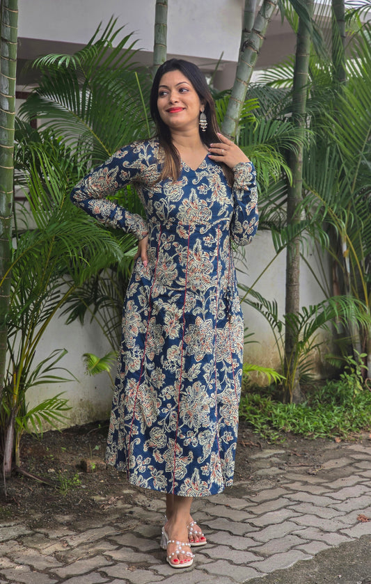 Floral printed panel cut Aline kurti with overlapped yoke in blue shade MBS-665 **ready to dispatch**