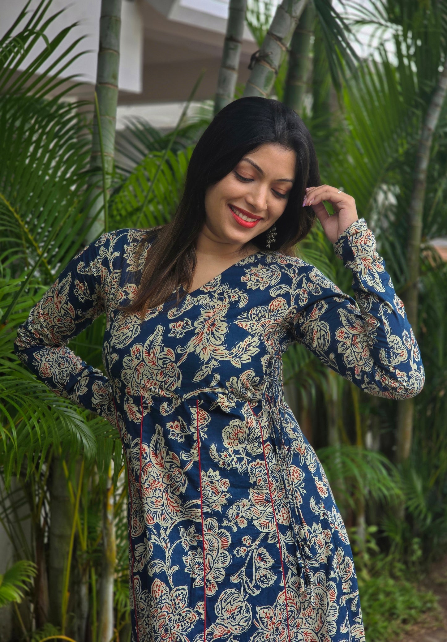 Floral printed panel cut Aline kurti with overlapped yoke in blue shade MBS-665 **ready to dispatch**