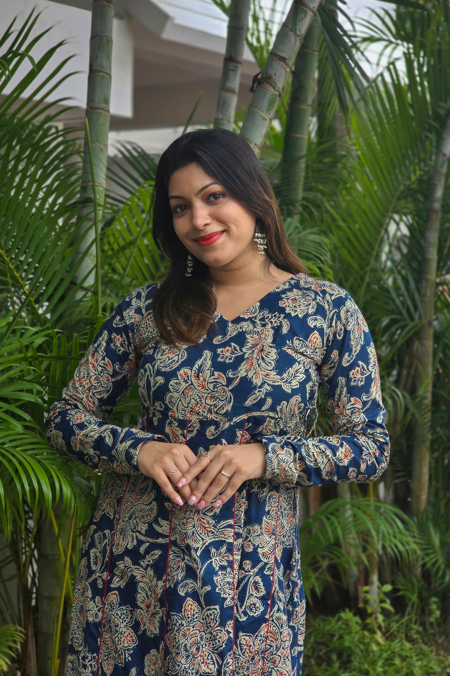 Floral printed panel cut Aline kurti with overlapped yoke in blue shade MBS-665 **ready to dispatch**