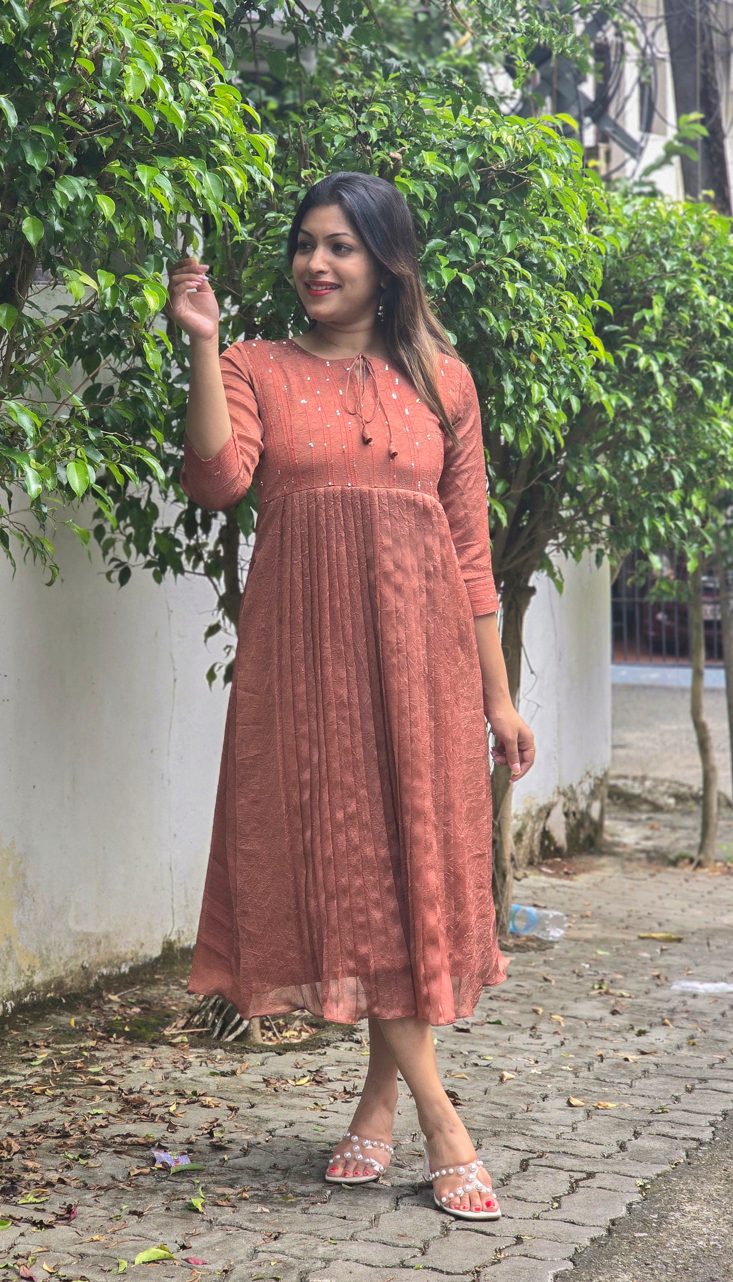 Copper shaded crackled georgette Aline kurti with anchor thread and sequins detailed yoke MBS-755