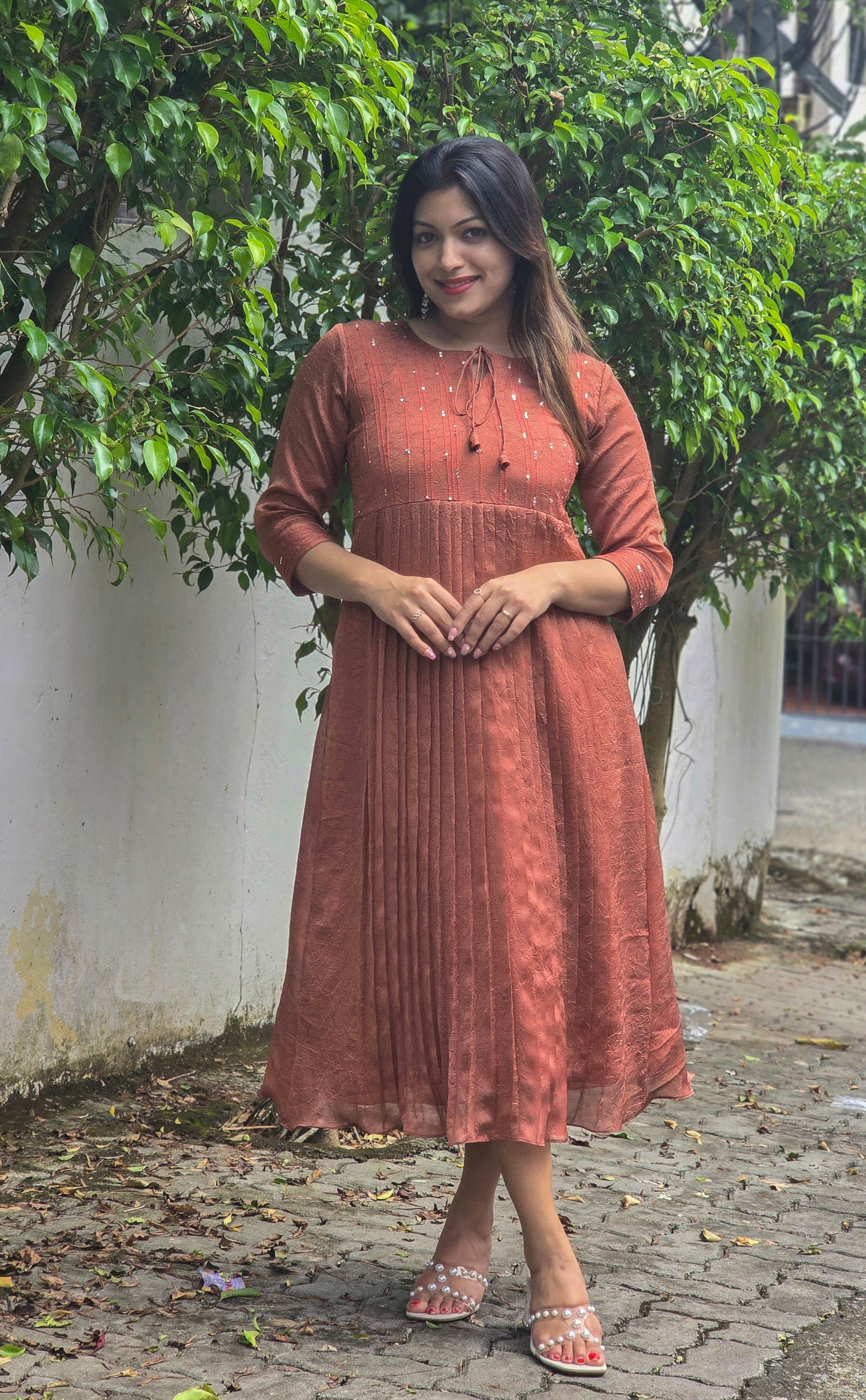 Copper shaded crackled georgette Aline kurti with anchor thread and sequins detailed yoke MBS-755