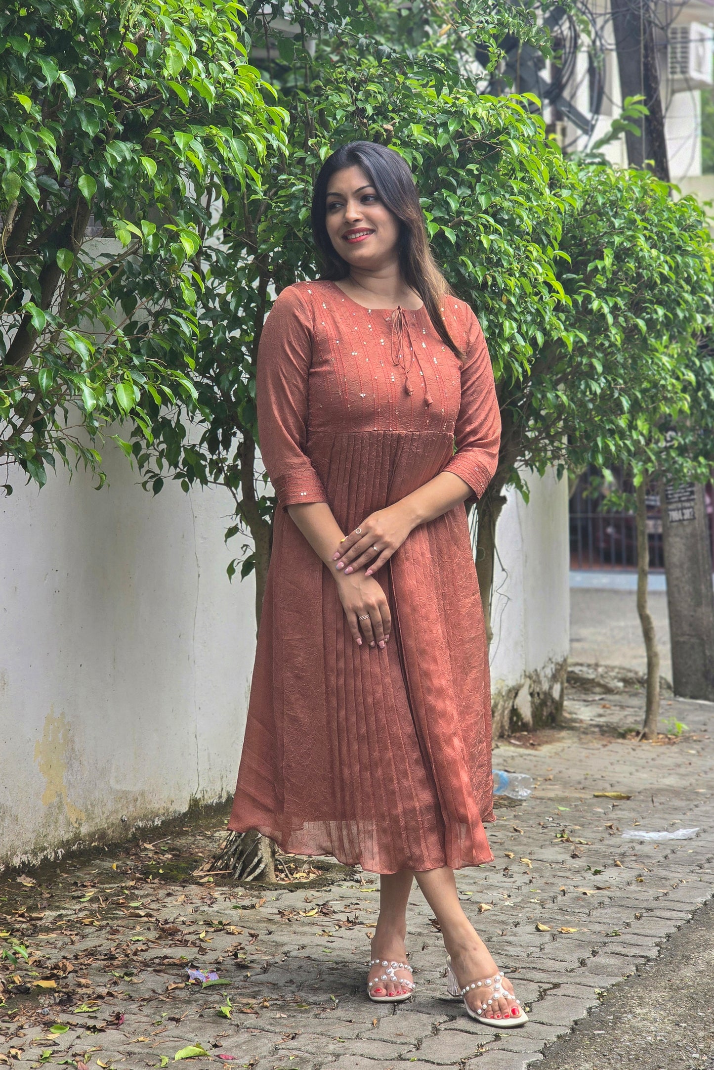 Copper shaded crackled georgette Aline kurti with anchor thread and sequins detailed yoke MBS-755