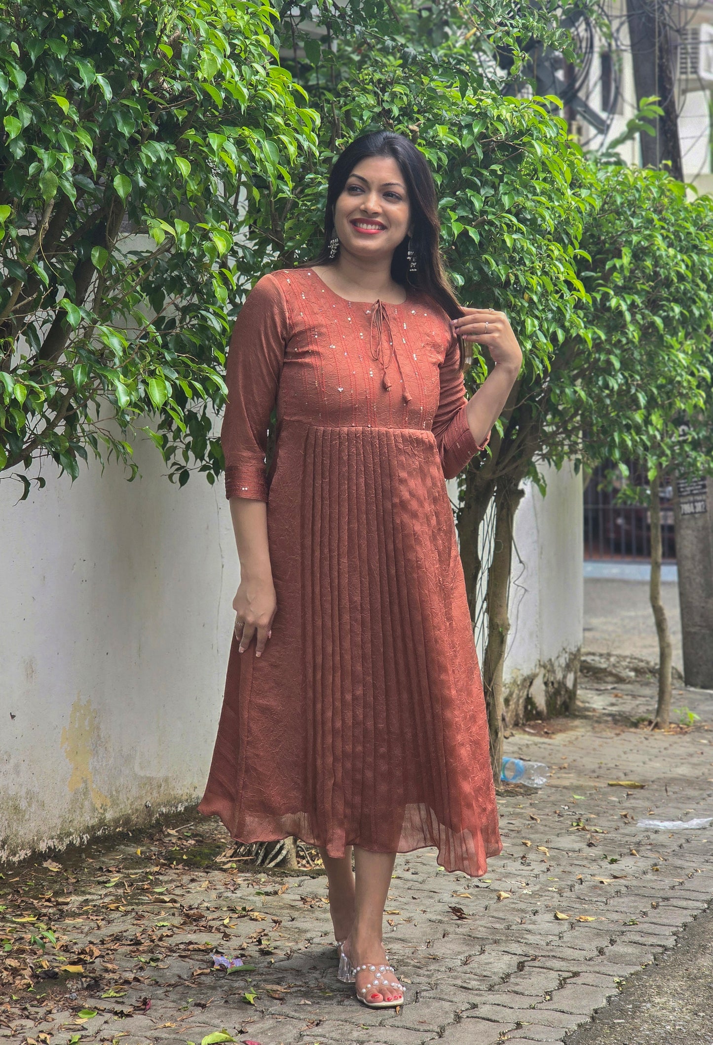 Copper shaded crackled georgette Aline kurti with anchor thread and sequins detailed yoke MBS-755