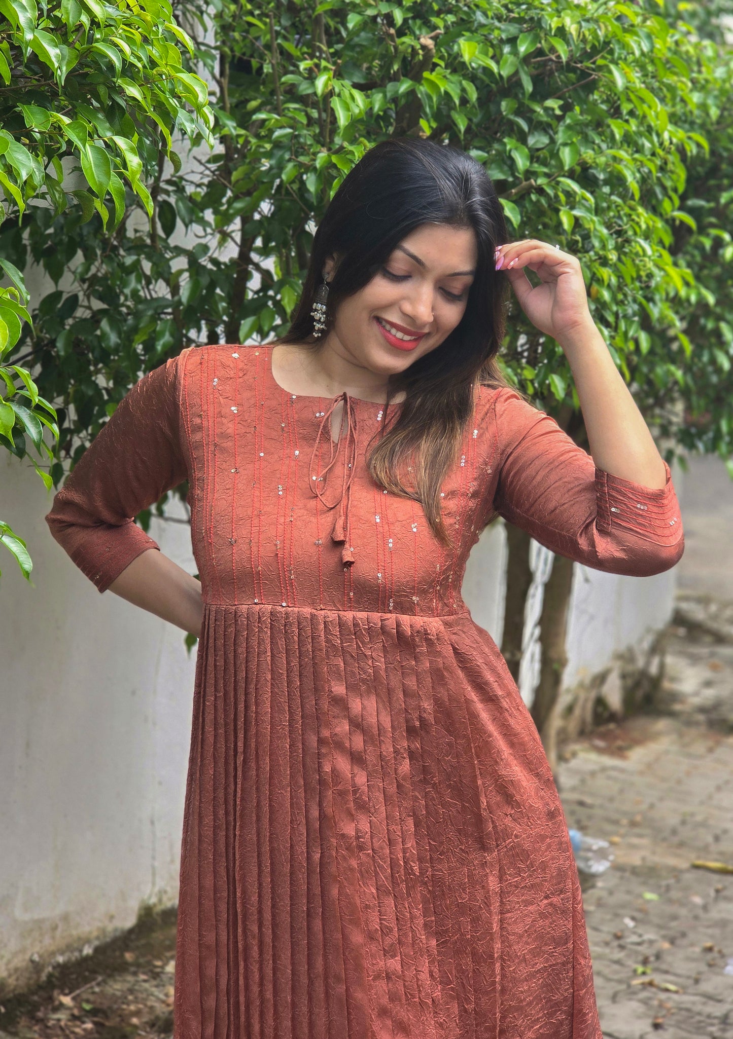 Copper shaded crackled georgette Aline kurti with anchor thread and sequins detailed yoke MBS-755