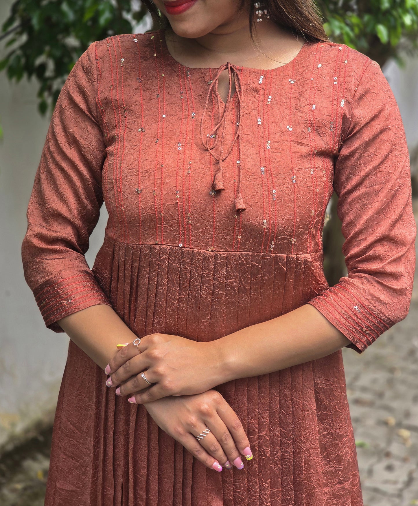 Copper shaded crackled georgette Aline kurti with anchor thread and sequins detailed yoke MBS-755