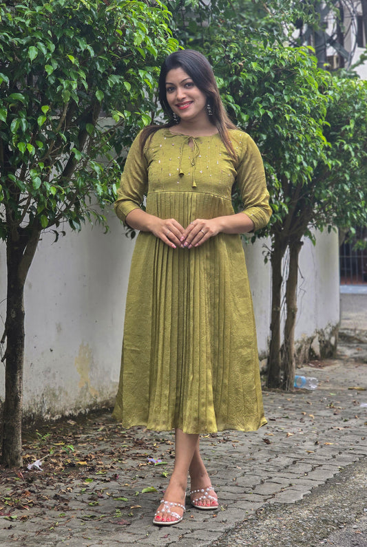 Olive green shaded crackled georgette Aline kurti with anchor thread and sequins detailed yoke  MBS-754