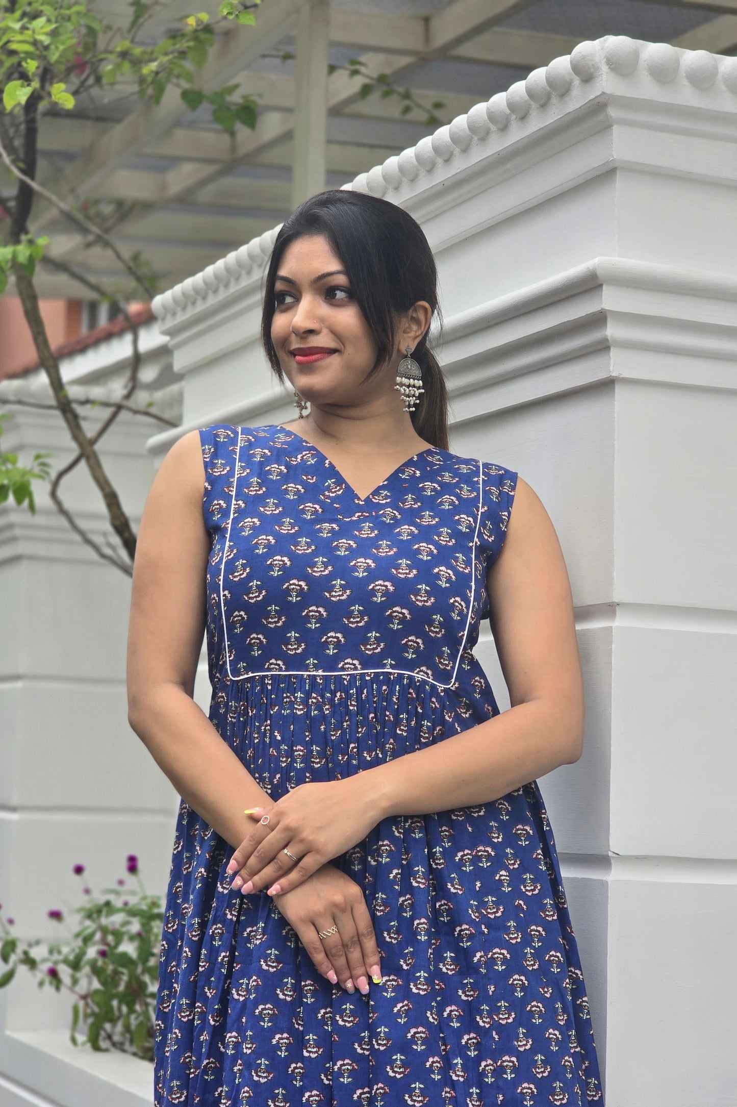 Floral printed cotton kurti/dress in indigo shade MBS-664 (sleeves attached) ** ready to dispatch**