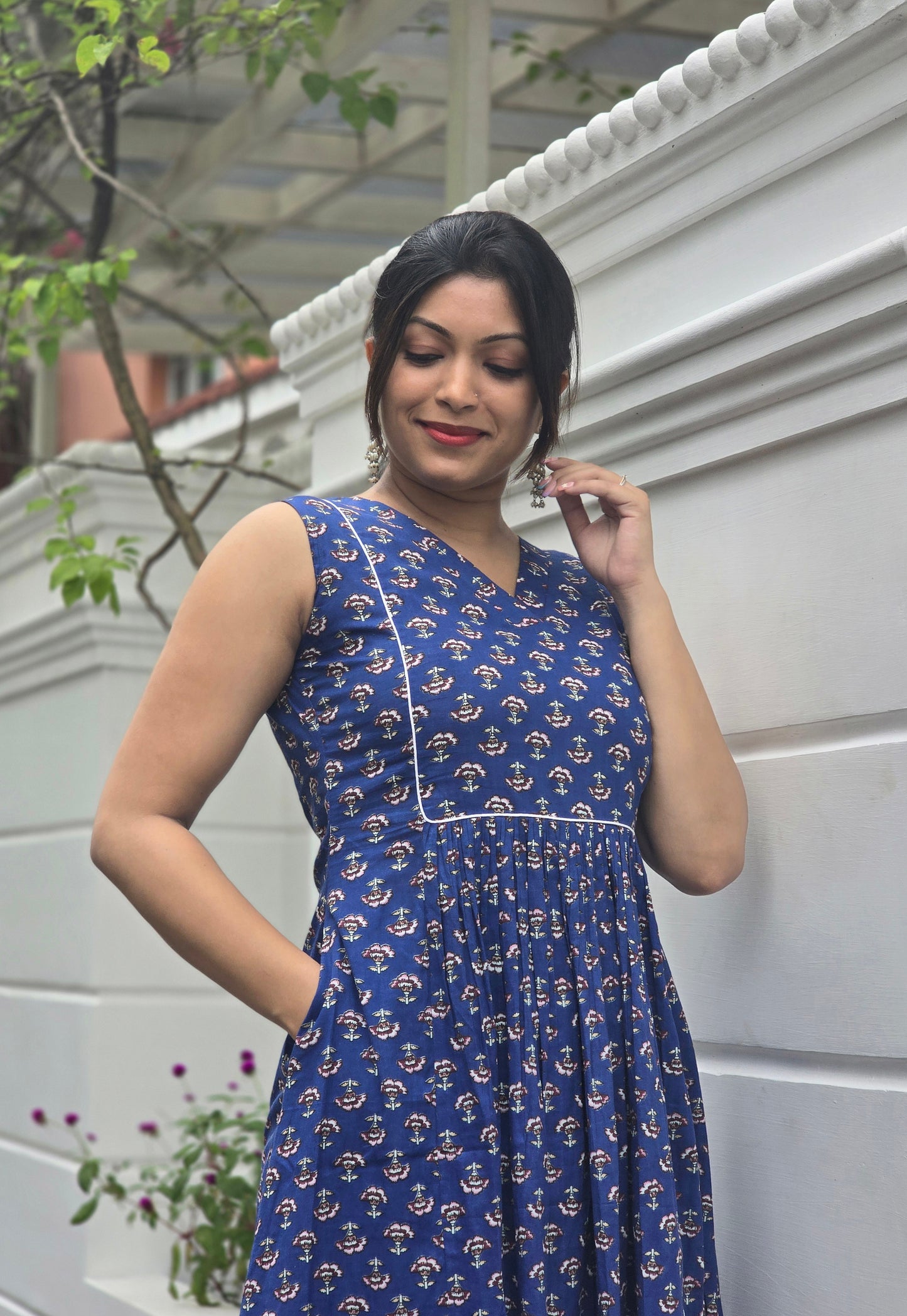 Floral printed cotton kurti/dress in indigo shade MBS-664 (sleeves attached) ** ready to dispatch**