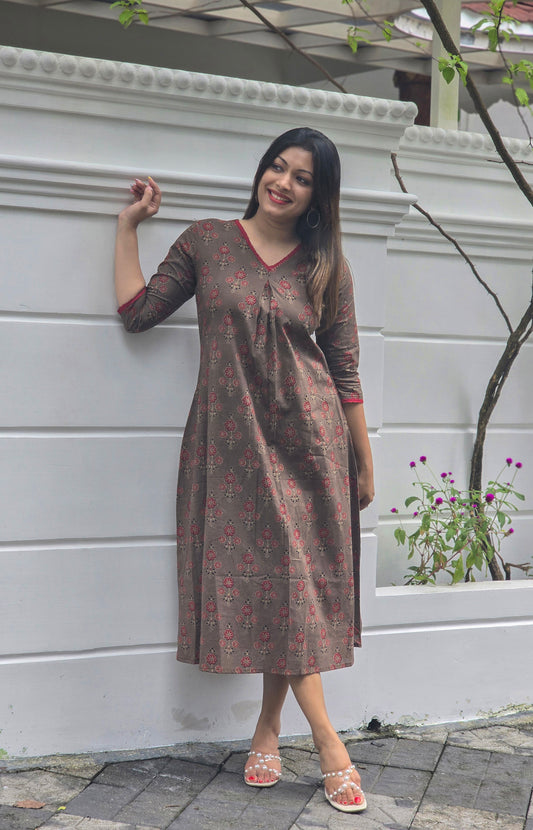 Floral printed cotton Aline dress/kurti with box pleats in brown shade MBS-668 **ready to dispatch**