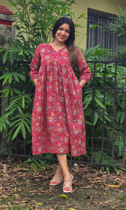 Red floral printed cotton kurti/dress MBS-663 ** ready to dispatch**