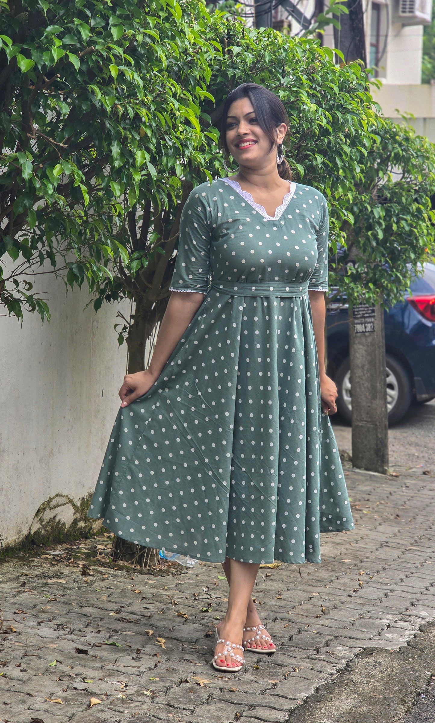 Green polka dotted cotton kurti/dress with lace detailed neck MBS-661 ** ready to dispatch**
