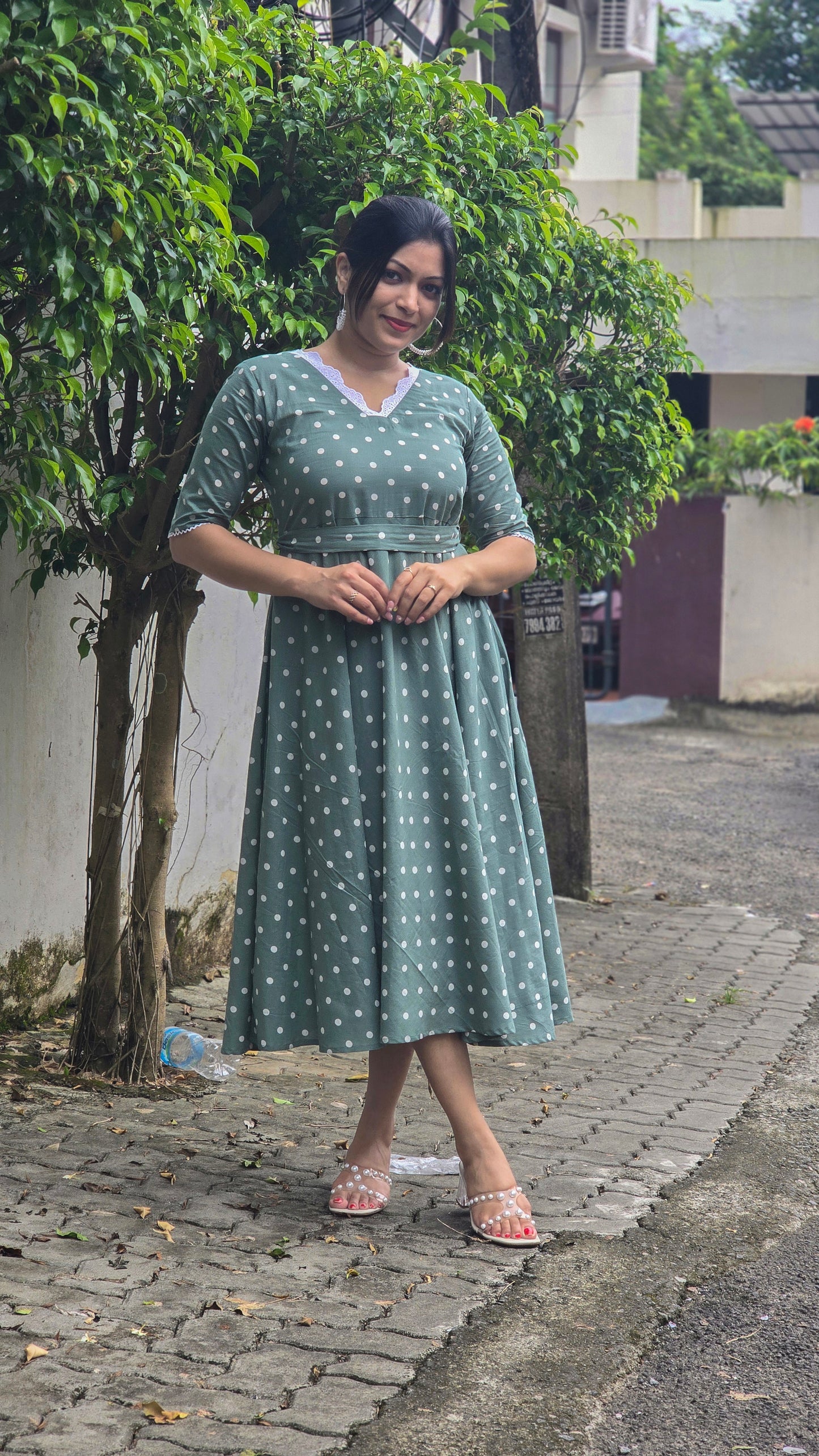 Green polka dotted cotton kurti/dress with lace detailed neck MBS-661 ** ready to dispatch**