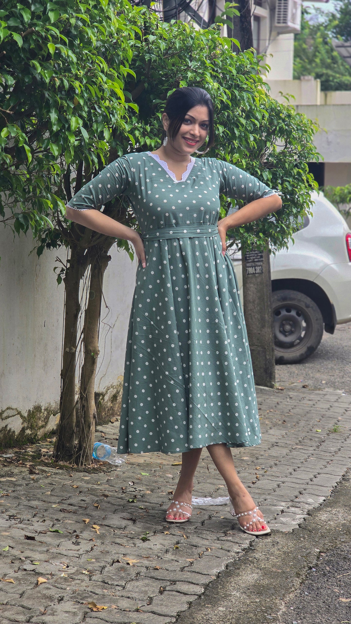 Green polka dotted cotton kurti/dress with lace detailed neck MBS-661 ** ready to dispatch**