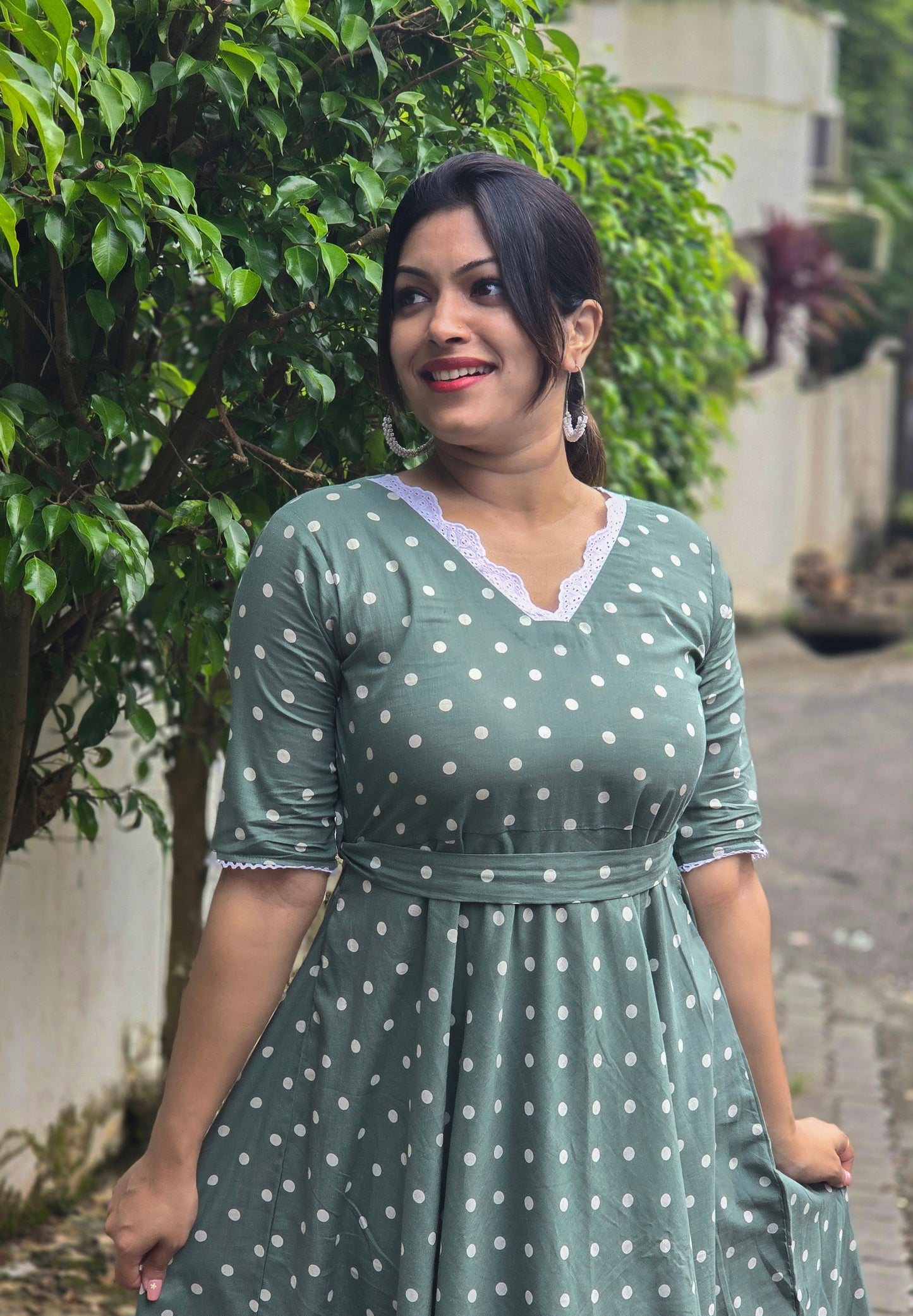 Green polka dotted cotton kurti/dress with lace detailed neck MBS-661 ** ready to dispatch**