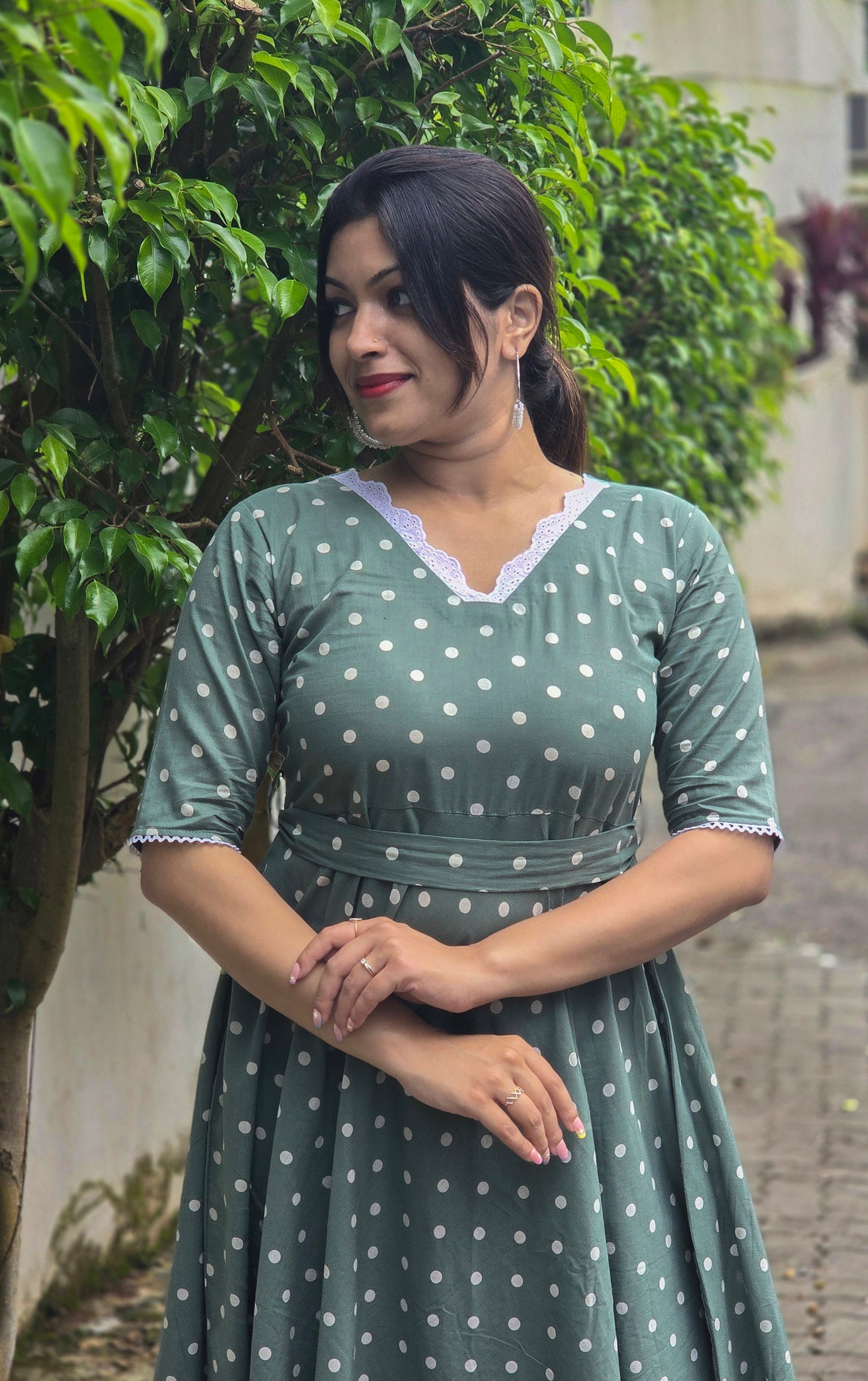Green polka dotted cotton kurti/dress with lace detailed neck MBS-661 ** ready to dispatch**