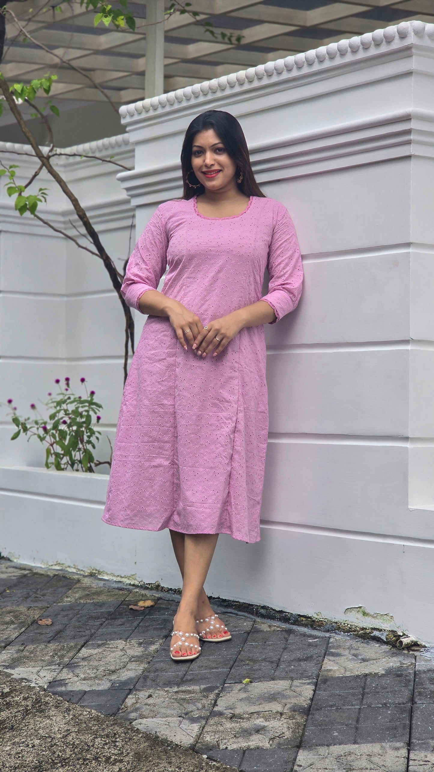 Pink hacoba dress/kurti with lace detailed yoke and sleeves MBS-657