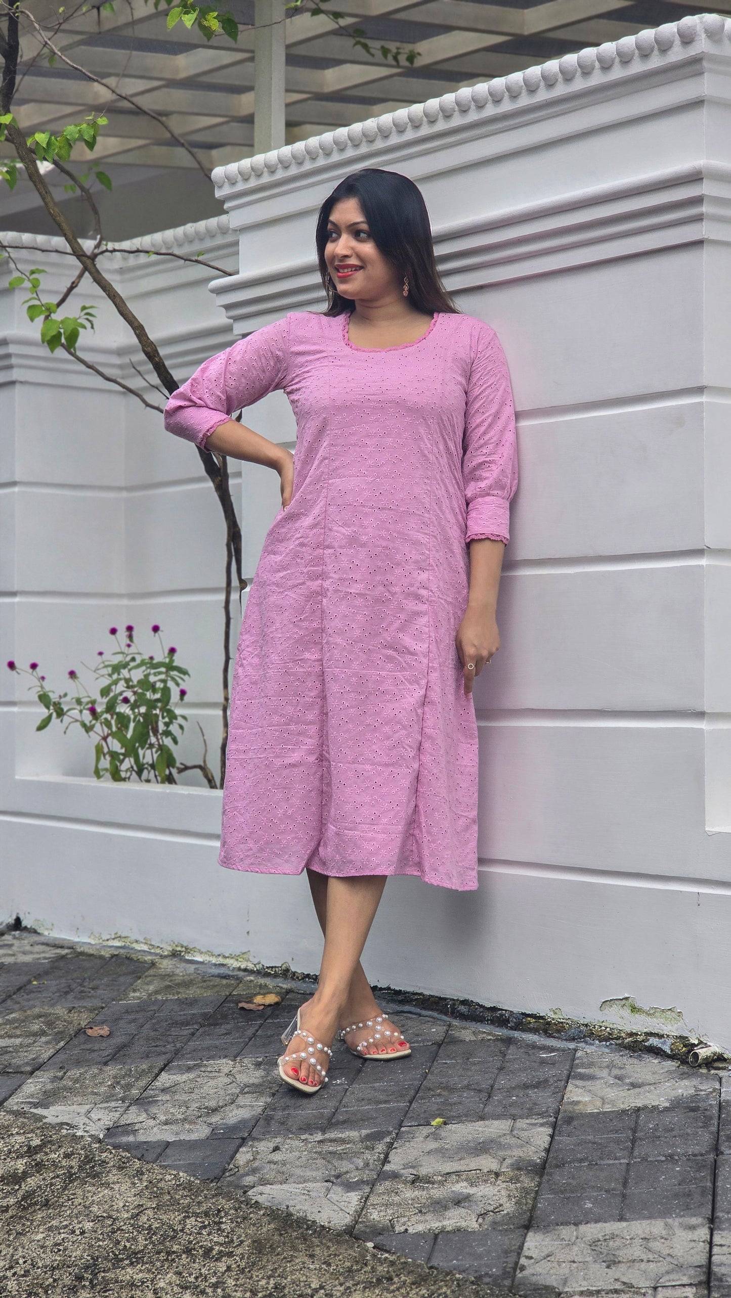Pink hacoba dress/kurti with lace detailed yoke and sleeves MBS-657