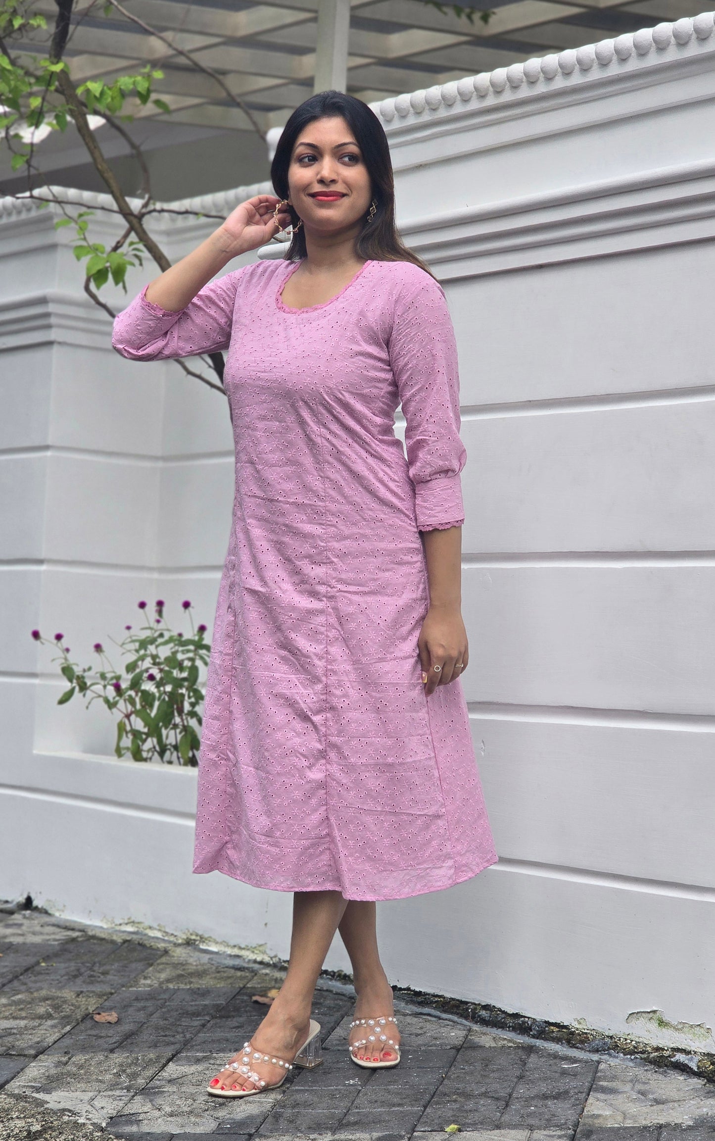 Pink hacoba dress/kurti with lace detailed yoke and sleeves MBS-657