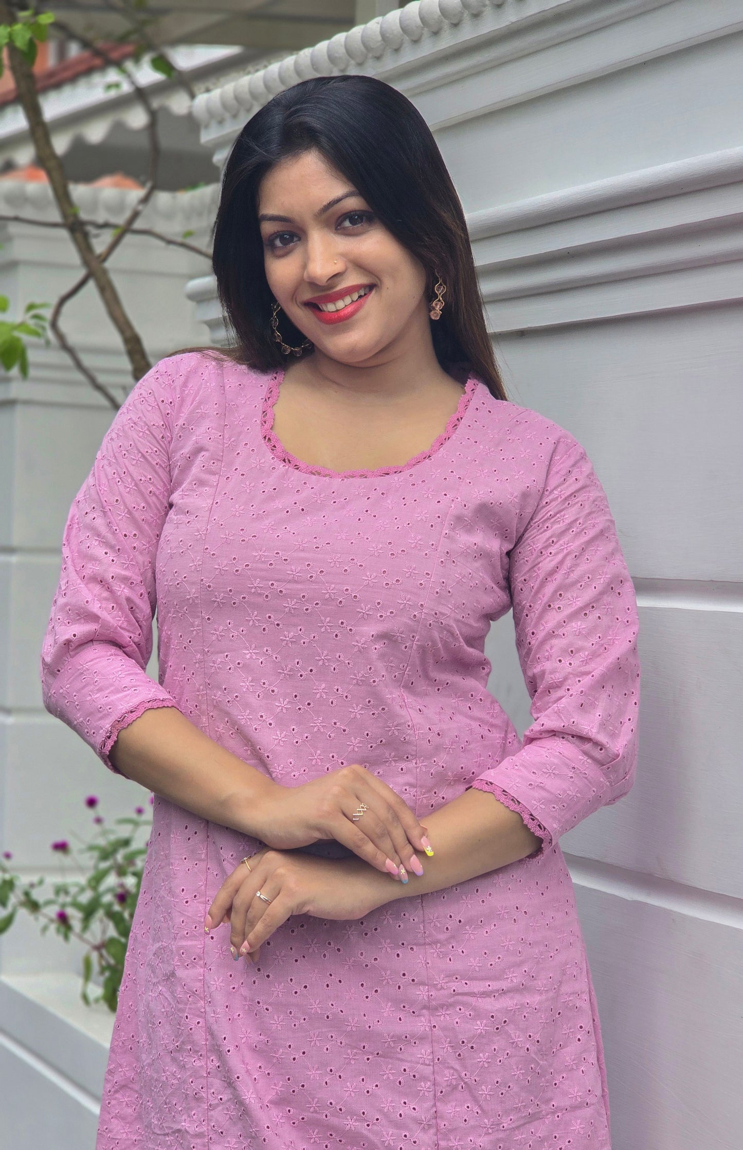 Pink hacoba dress/kurti with lace detailed yoke and sleeves MBS-657