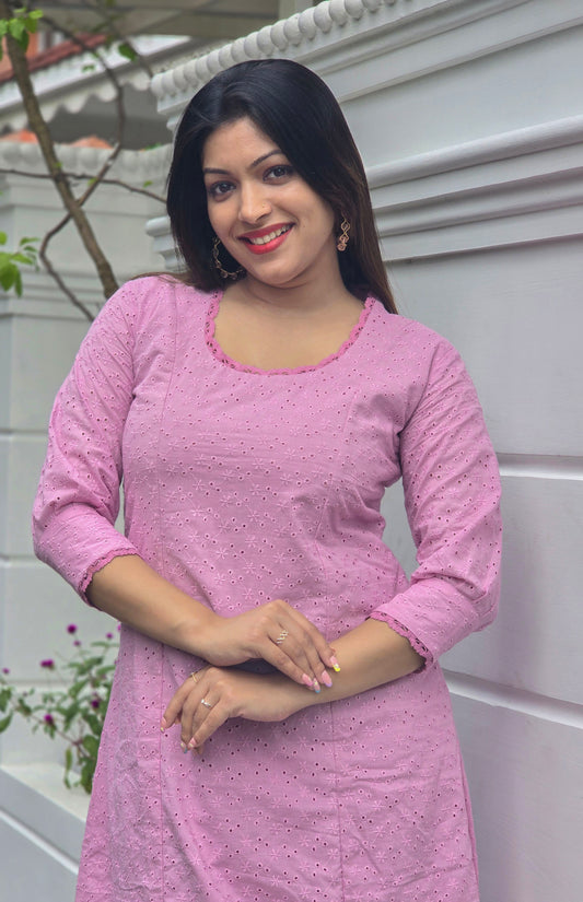 Pink hacoba dress/kurti with lace detailed yoke and sleeves MBS-657
