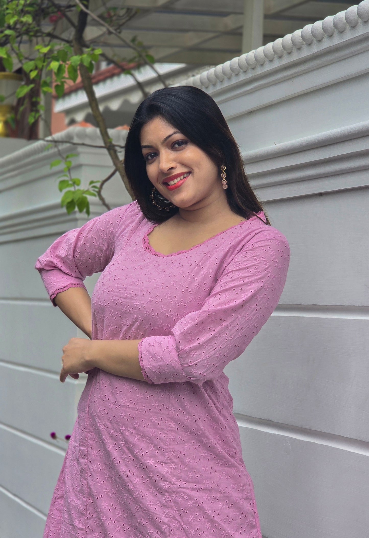 Pink hacoba dress/kurti with lace detailed yoke and sleeves MBS-657