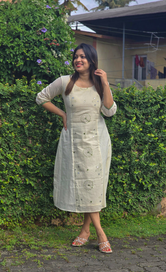 Kora cotton Aline kurti with thread and mirror worked panel MBS-758