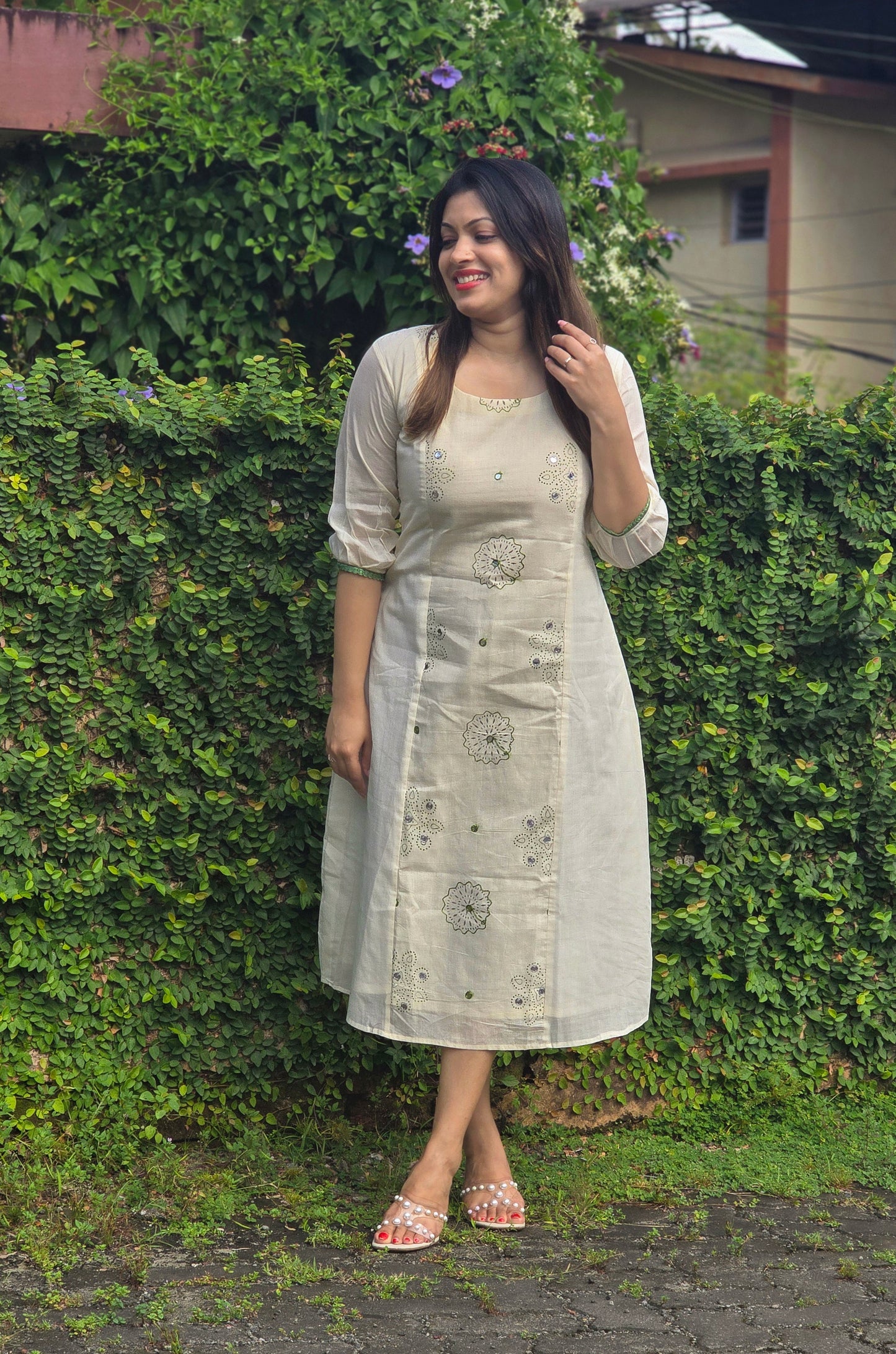 Kora cotton Aline kurti with thread and mirror worked panel MBS-758