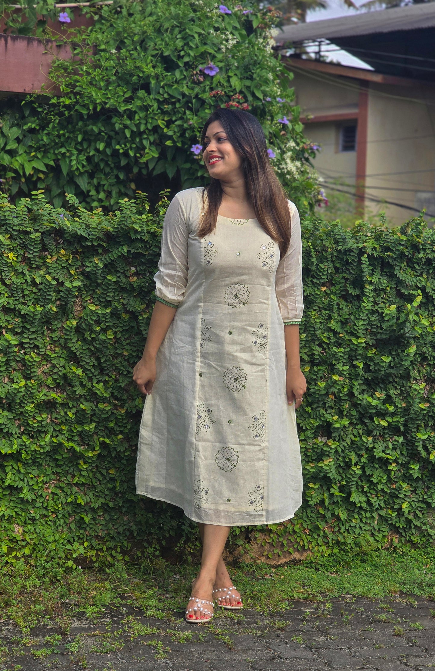 Kora cotton Aline kurti with thread and mirror worked panel MBS-758