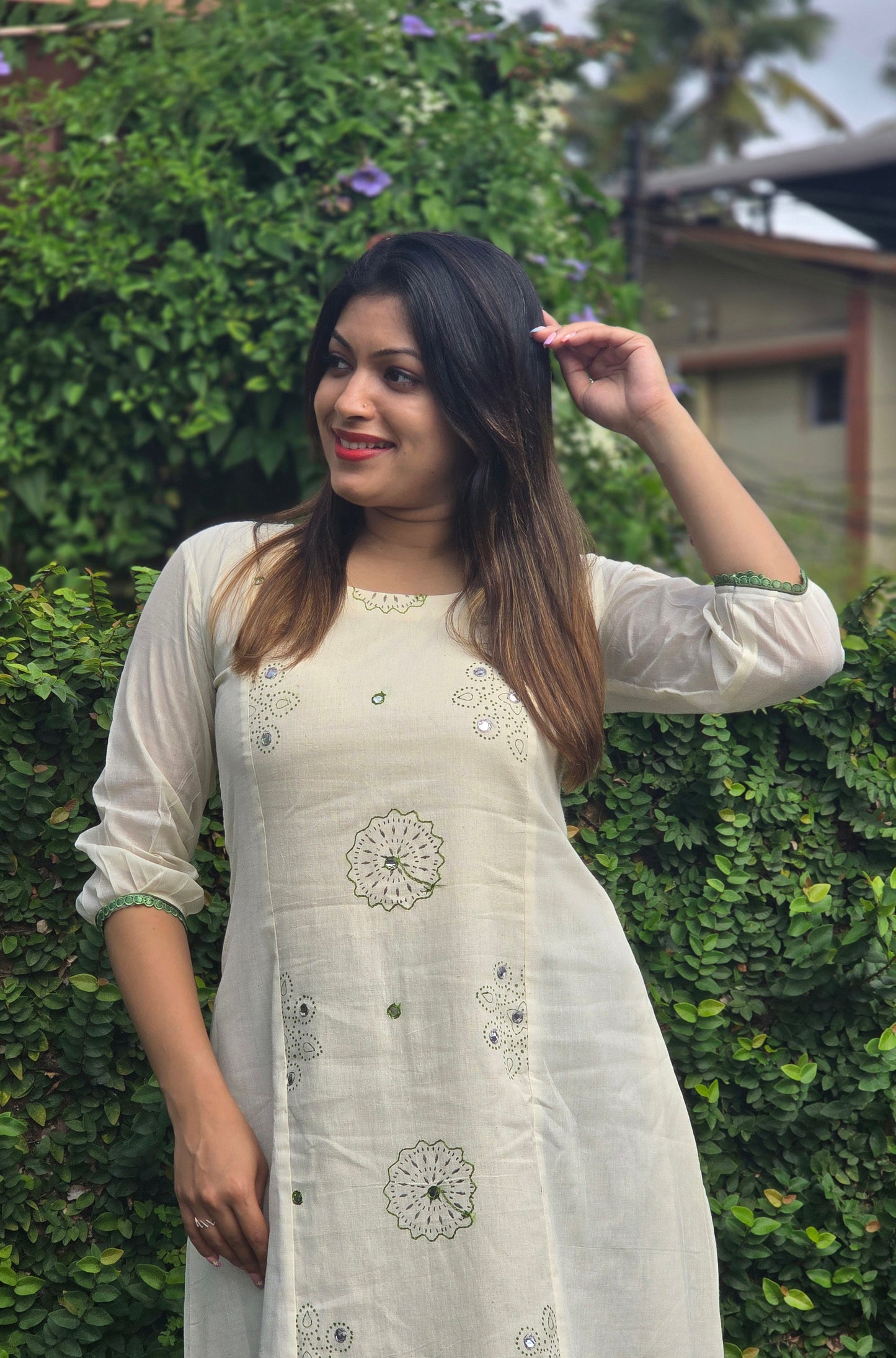 Kora cotton Aline kurti with thread and mirror worked panel MBS-758