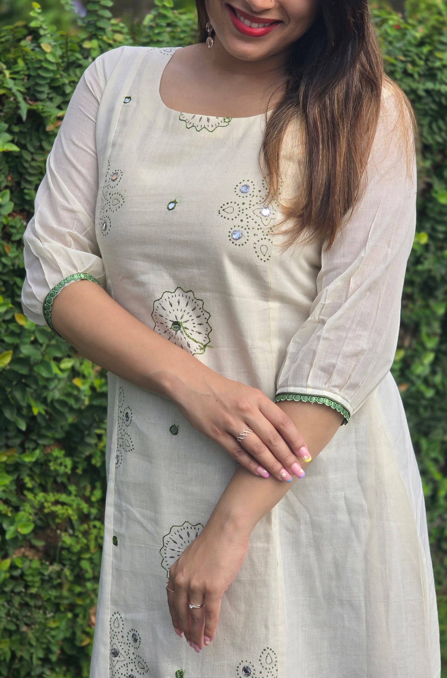 Kora cotton Aline kurti with thread and mirror worked panel MBS-758