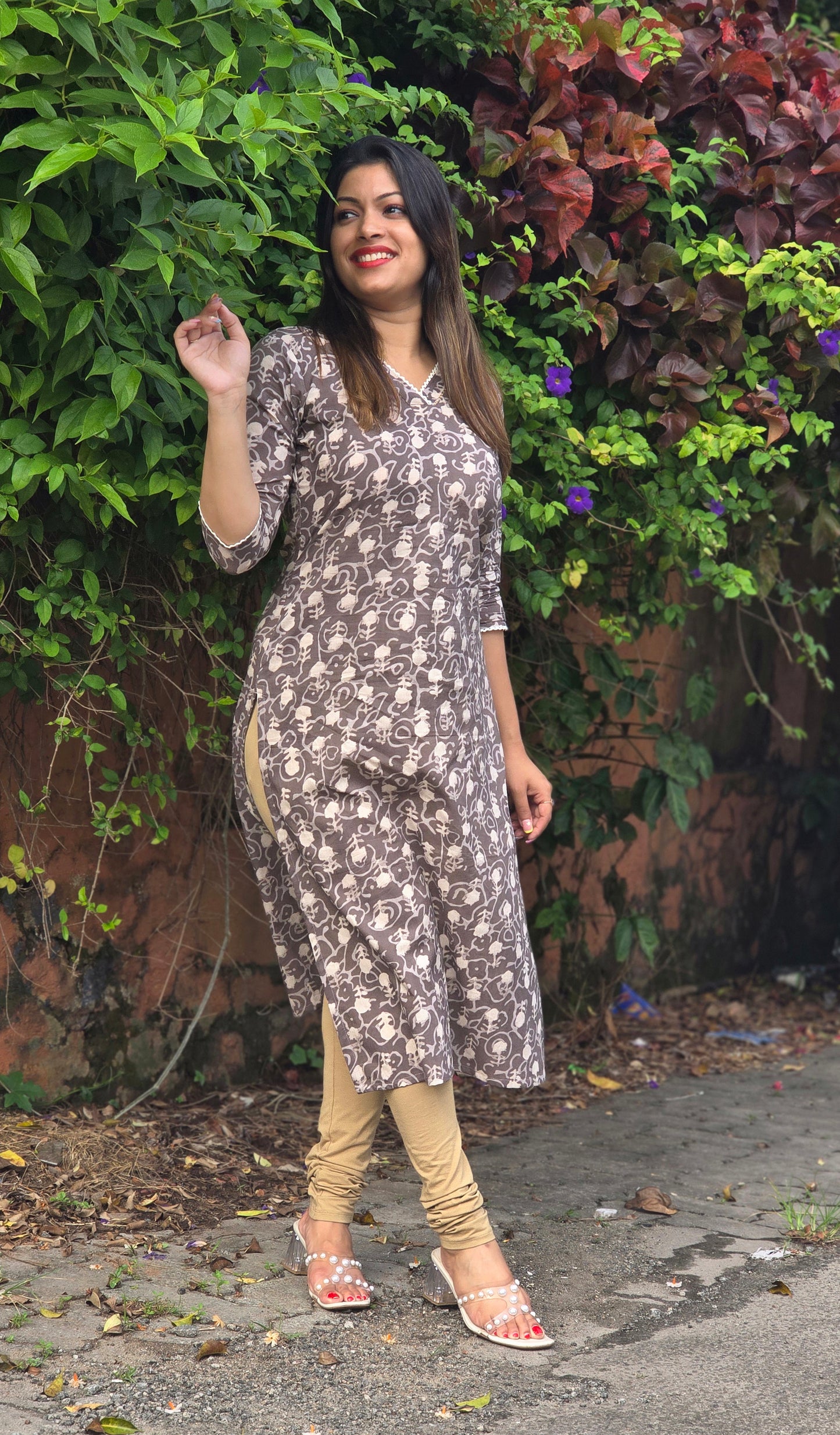 Pastel brown shaded printed cotton kurti detailed with lace MBS-659 *** Ready to dispatch***