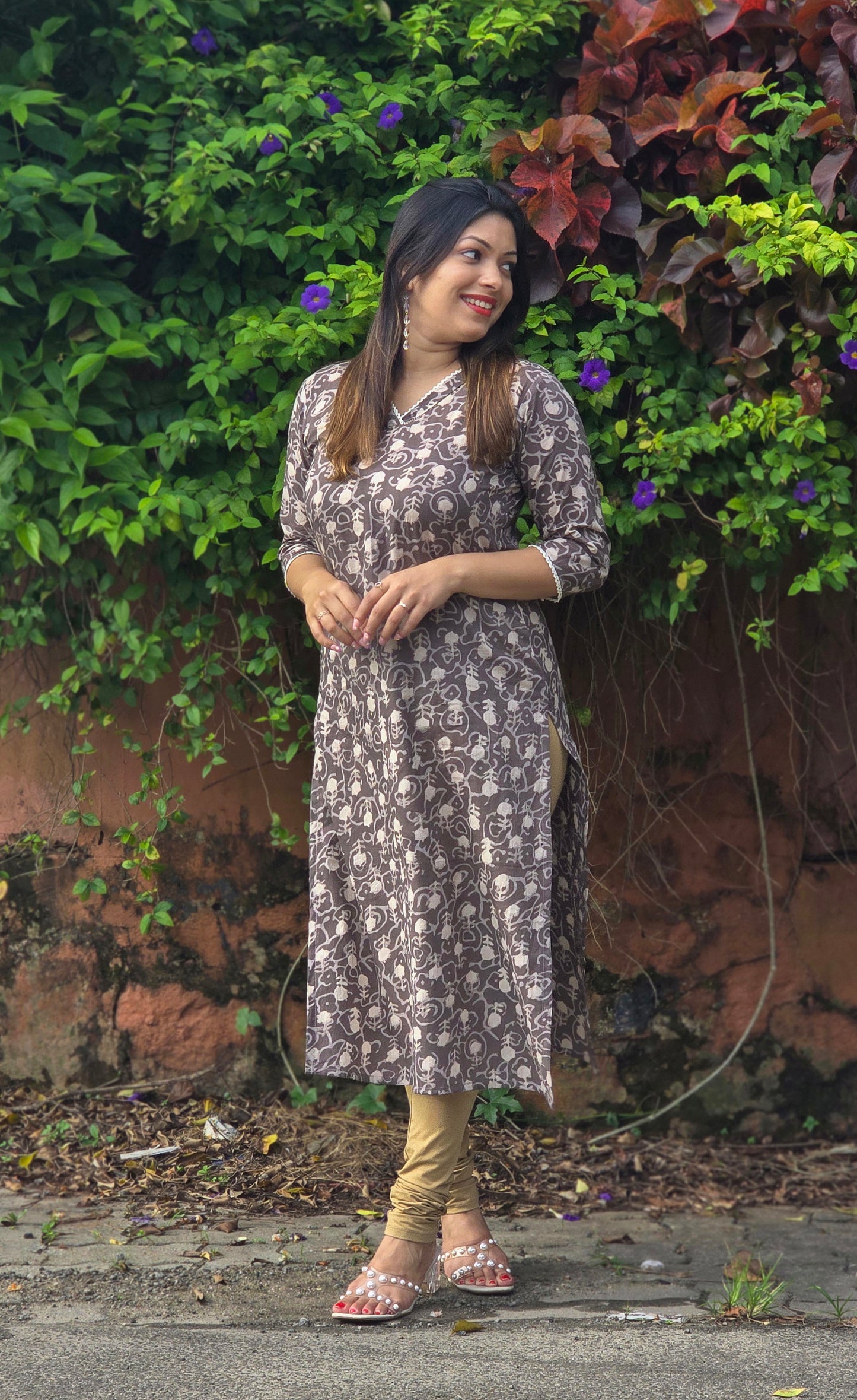 Pastel brown shaded printed cotton kurti detailed with lace MBS-659 *** Ready to dispatch***