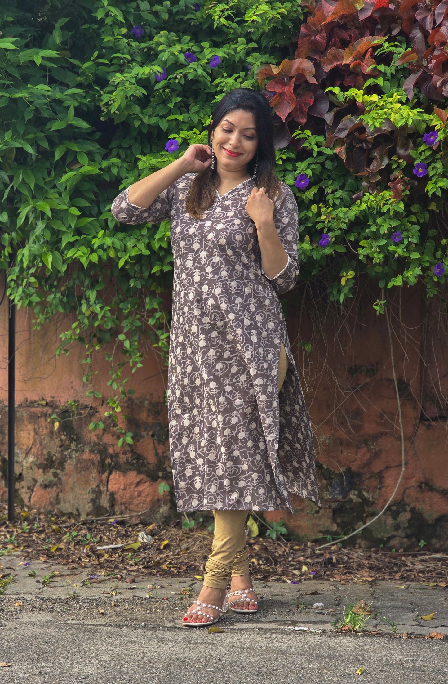 Pastel brown shaded printed cotton kurti detailed with lace MBS-659 *** Ready to dispatch***