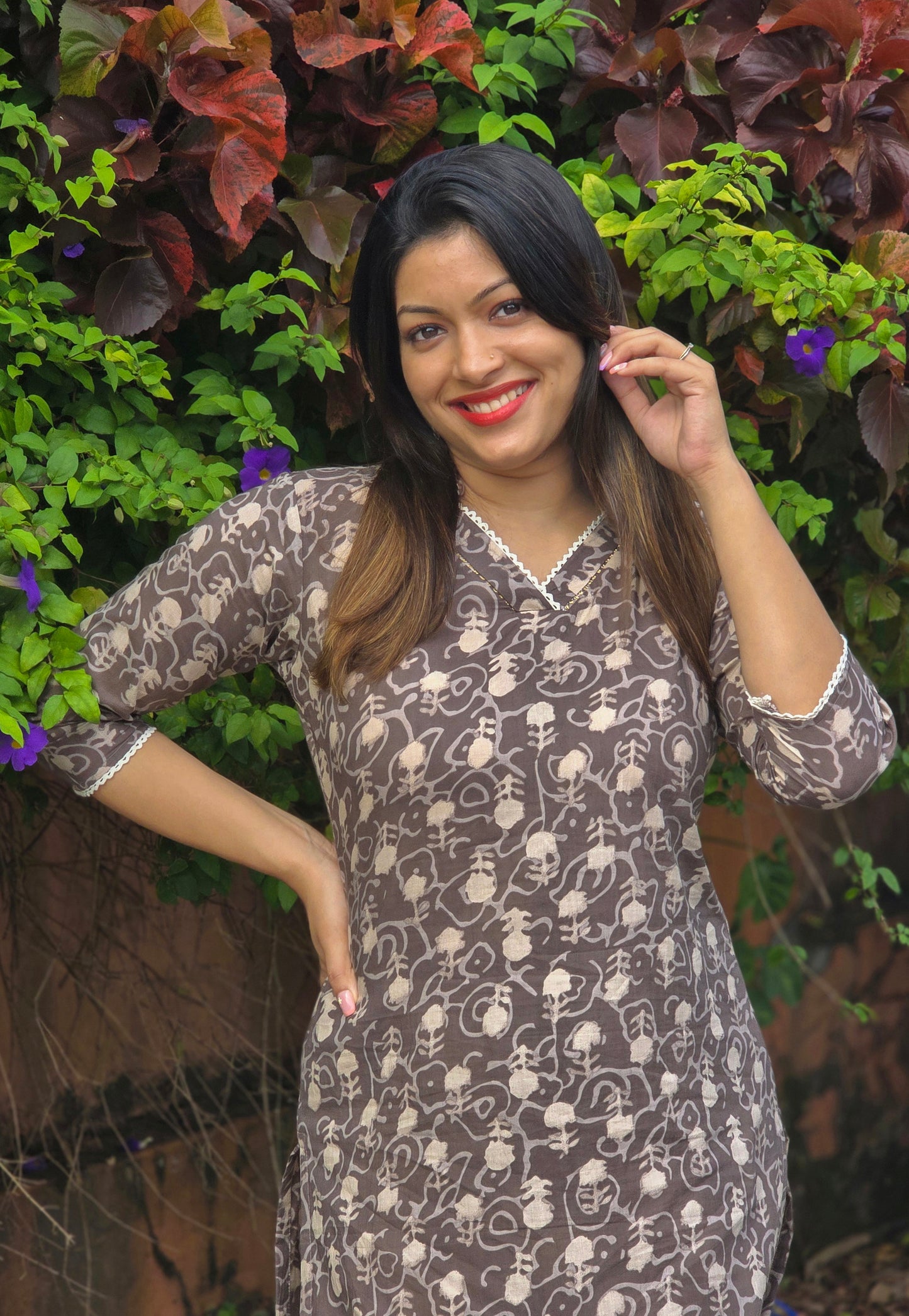 Pastel brown shaded printed cotton kurti detailed with lace MBS-659 *** Ready to dispatch***