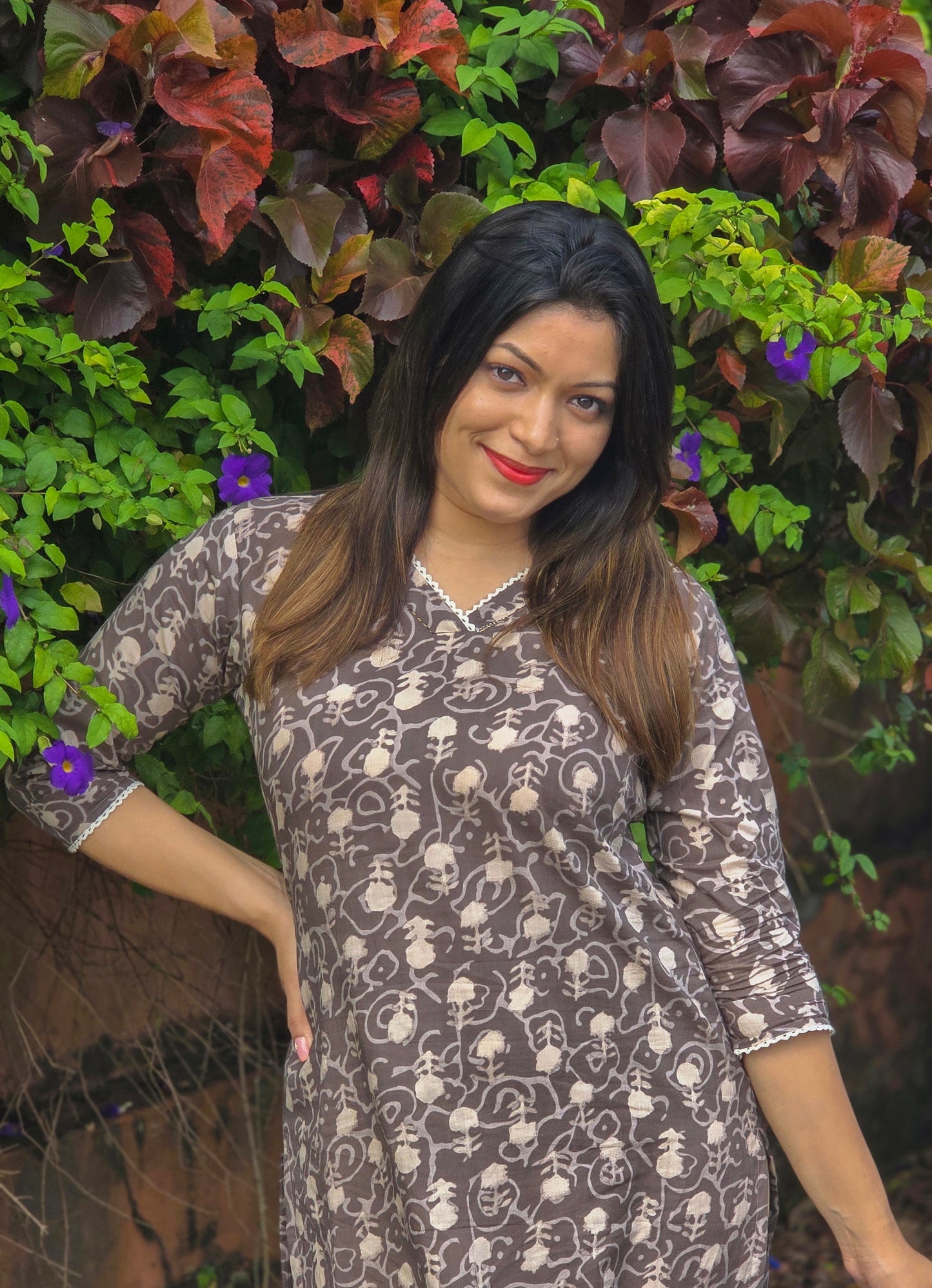 Pastel brown shaded printed cotton kurti detailed with lace MBS-659 *** Ready to dispatch***