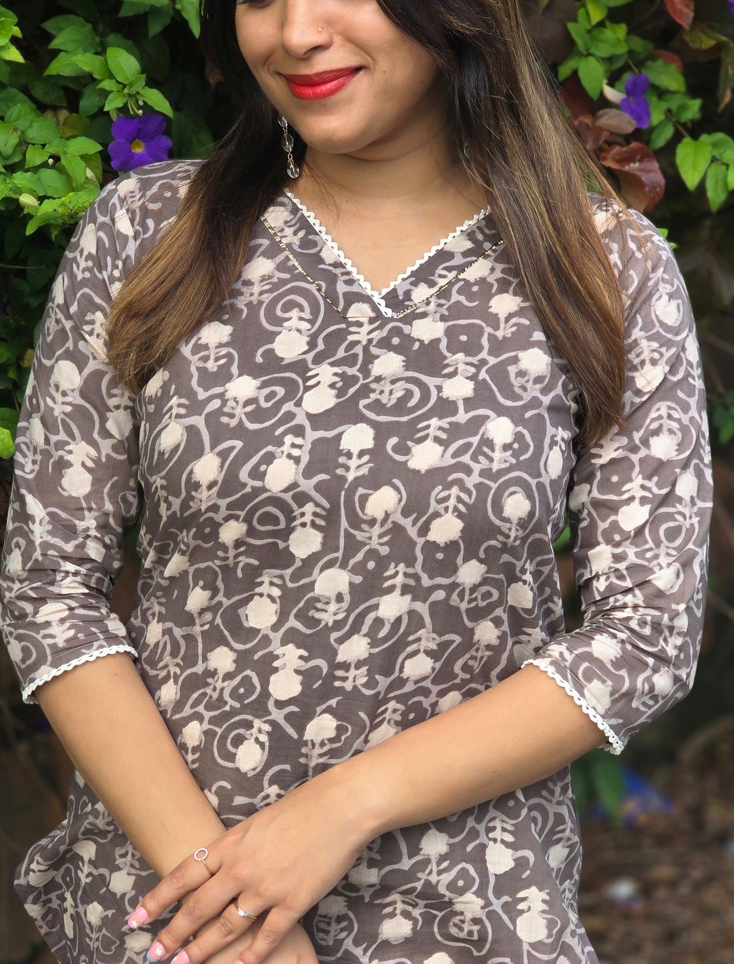 Pastel brown shaded printed cotton kurti detailed with lace MBS-659 *** Ready to dispatch***