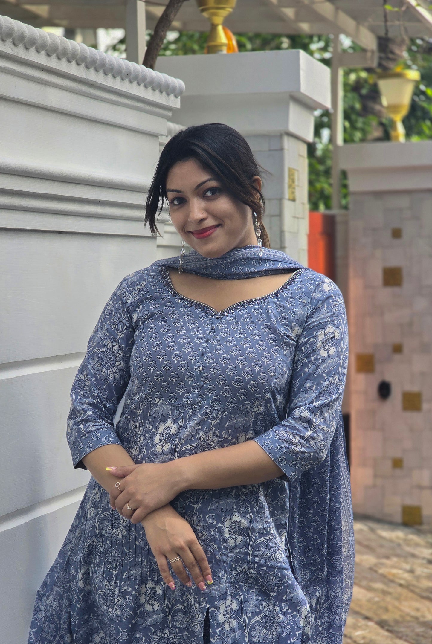 Fully stitched printed cotton kurti set with handworked neck and pintuck yoke in bluish grey shade MBS-660