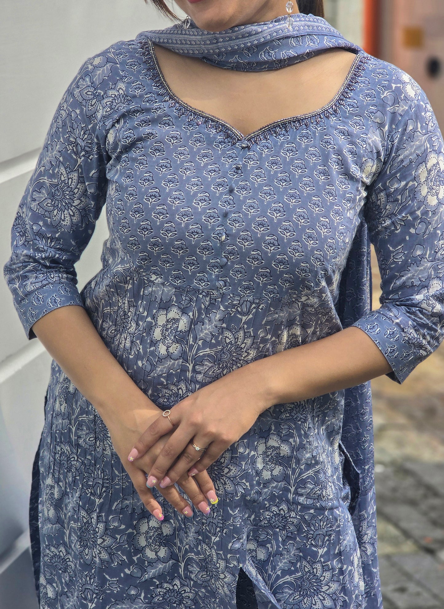 Fully stitched printed cotton kurti set with handworked neck and pintuck yoke in bluish grey shade MBS-660
