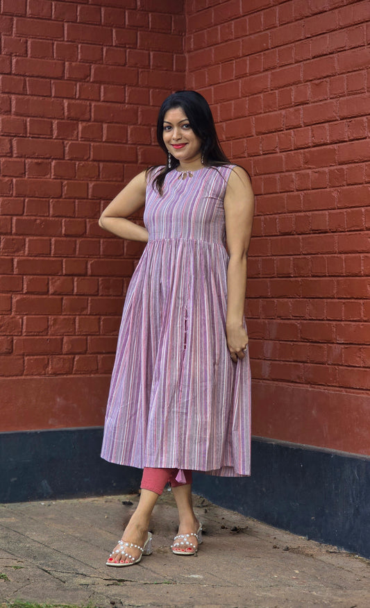 Multicoloured striped cotton kurti with keyhole neck and front slit with loop MBS-658 *** Ready to dispatch***