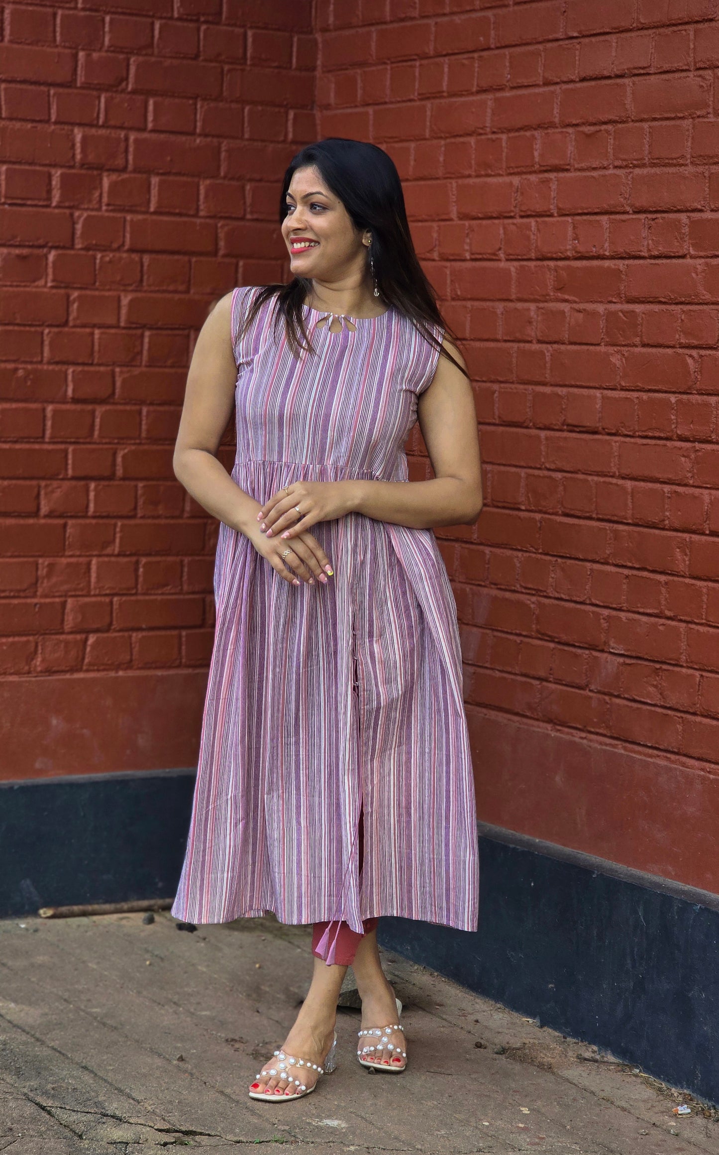 Multicoloured striped cotton kurti with keyhole neck and front slit with loop MBS-658 *** Ready to dispatch***