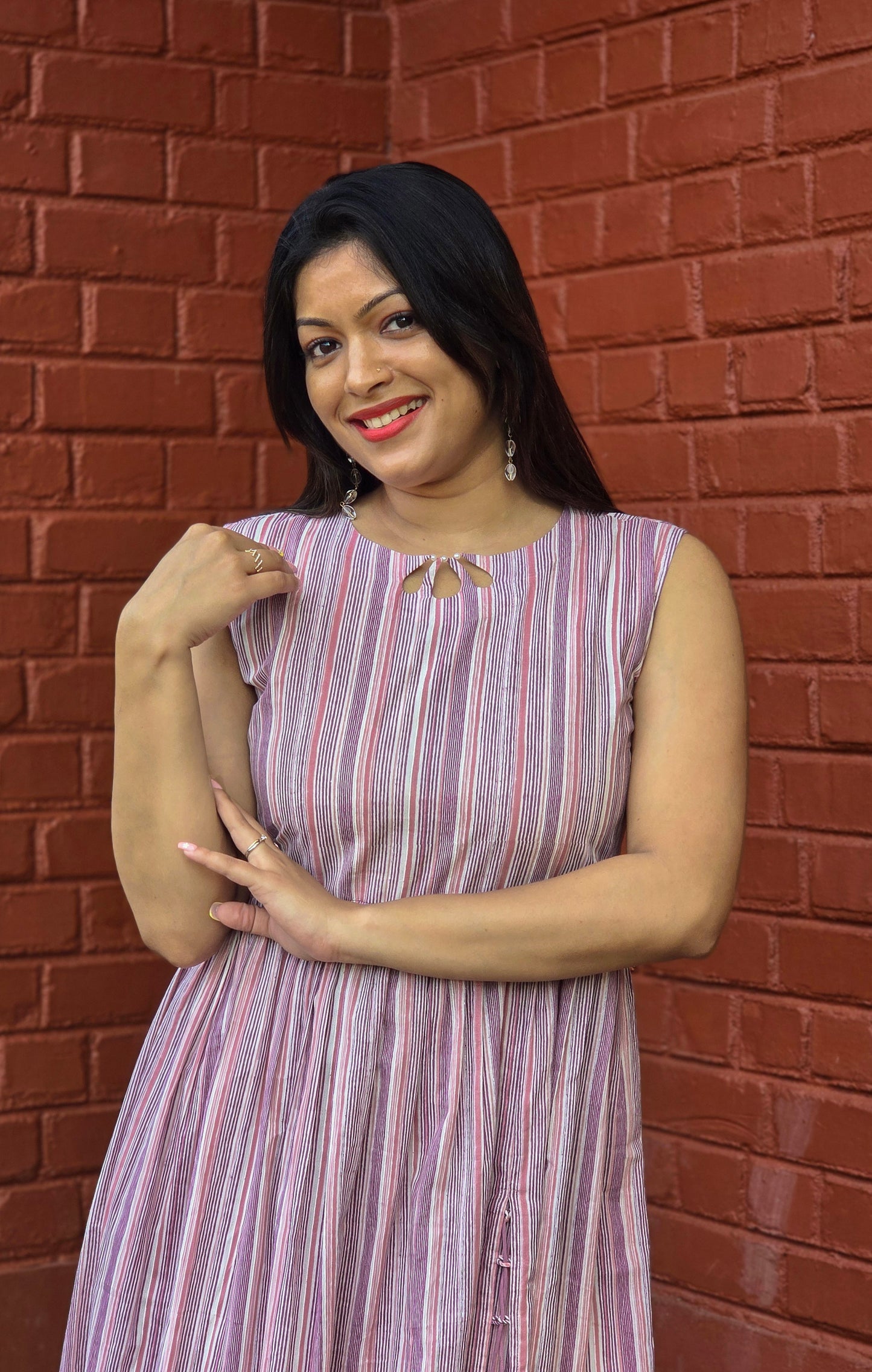 Multicoloured striped cotton kurti with keyhole neck and front slit with loop MBS-658 *** Ready to dispatch***