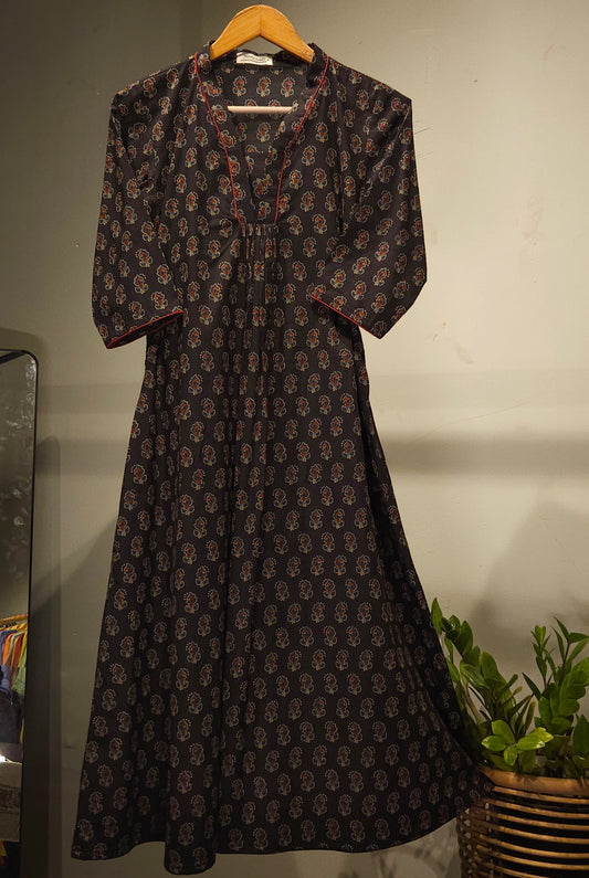 Black cotton floral printed kurti with collar neck and gathers MBS-684 ** Ready to dispatch **