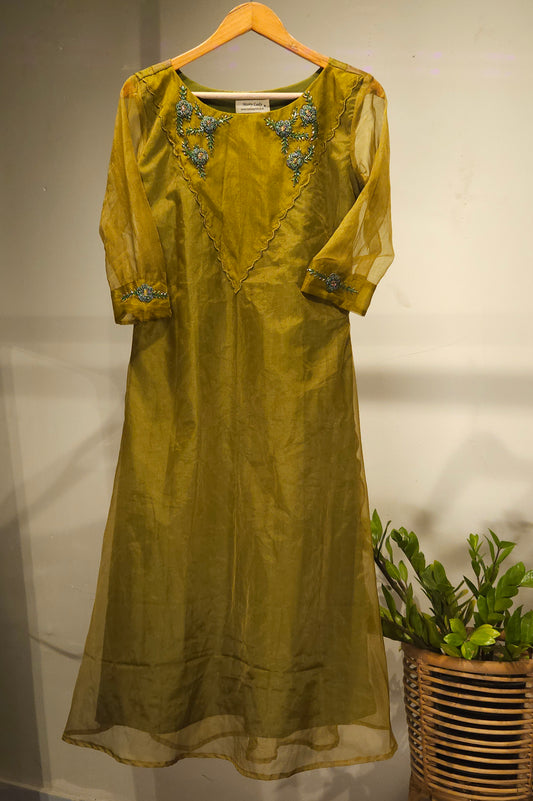 Cress green shaded Aline kurti with handwork and scalloped yoke MBS-689 ** Ready to dispatch **