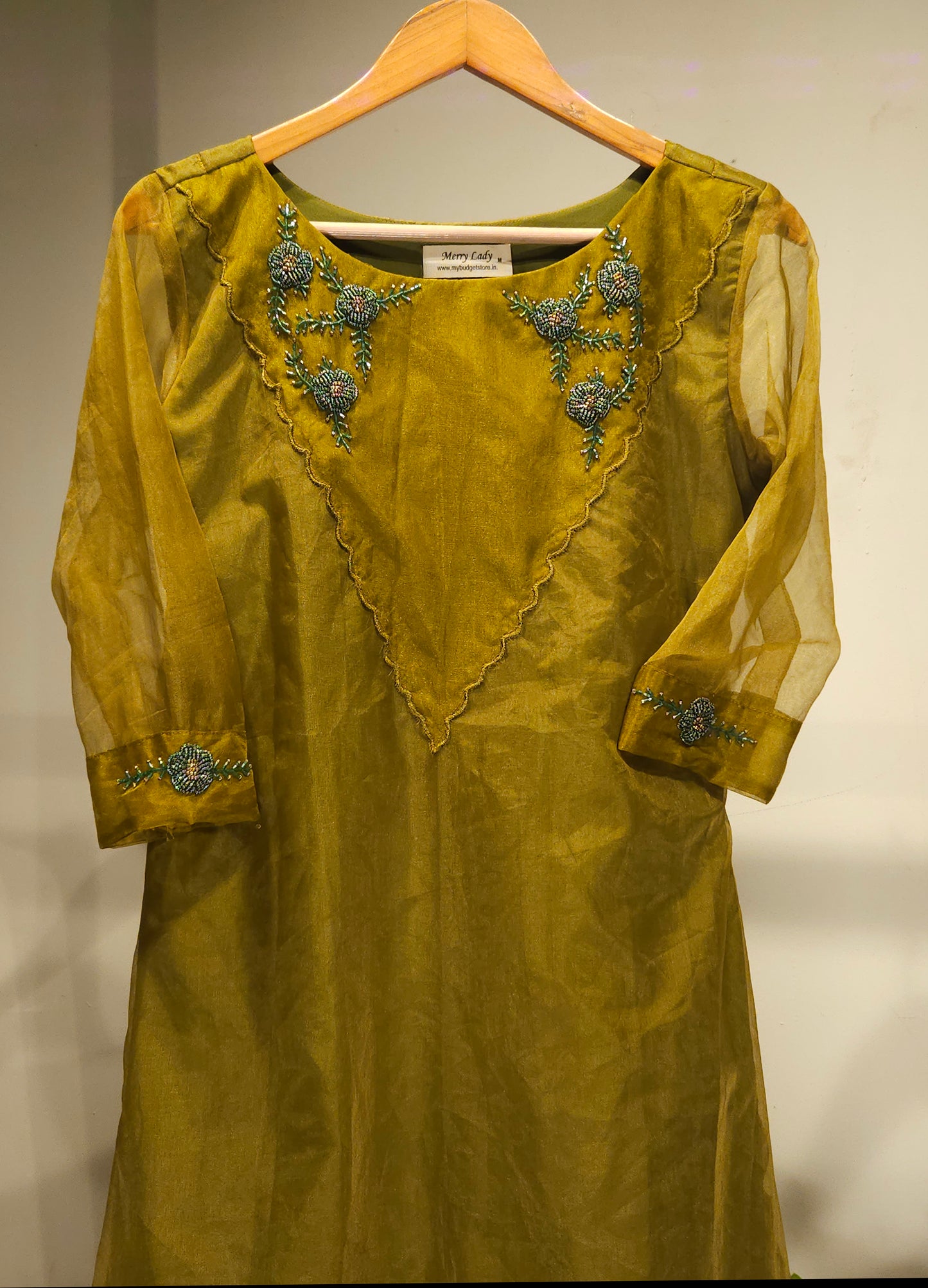 Cress green shaded Aline kurti with handwork and scalloped yoke MBS-689 ** Ready to dispatch **